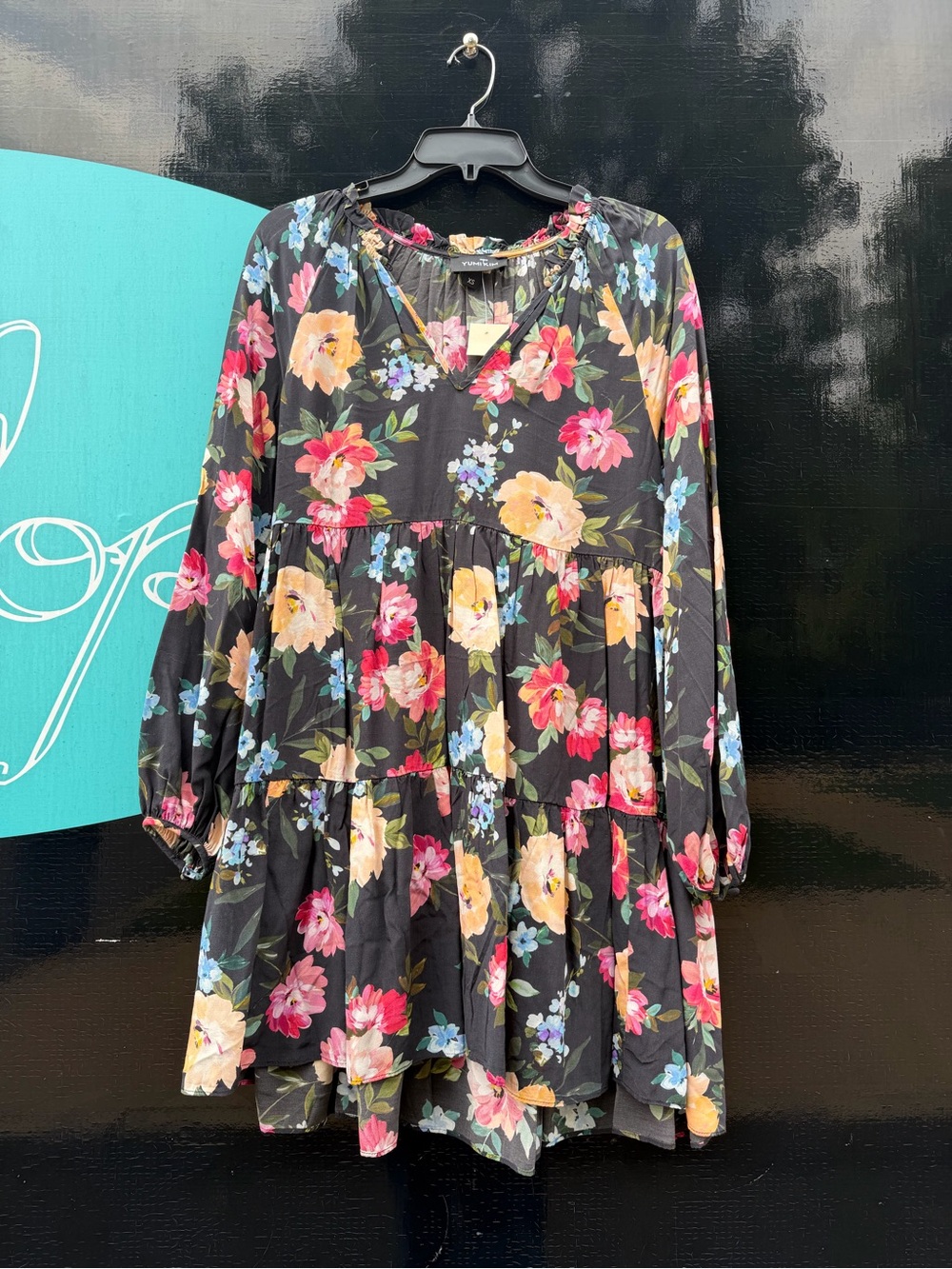 Yumi Kim Black Floral Ruffle-Neck Dress with Pink & Green Blooms